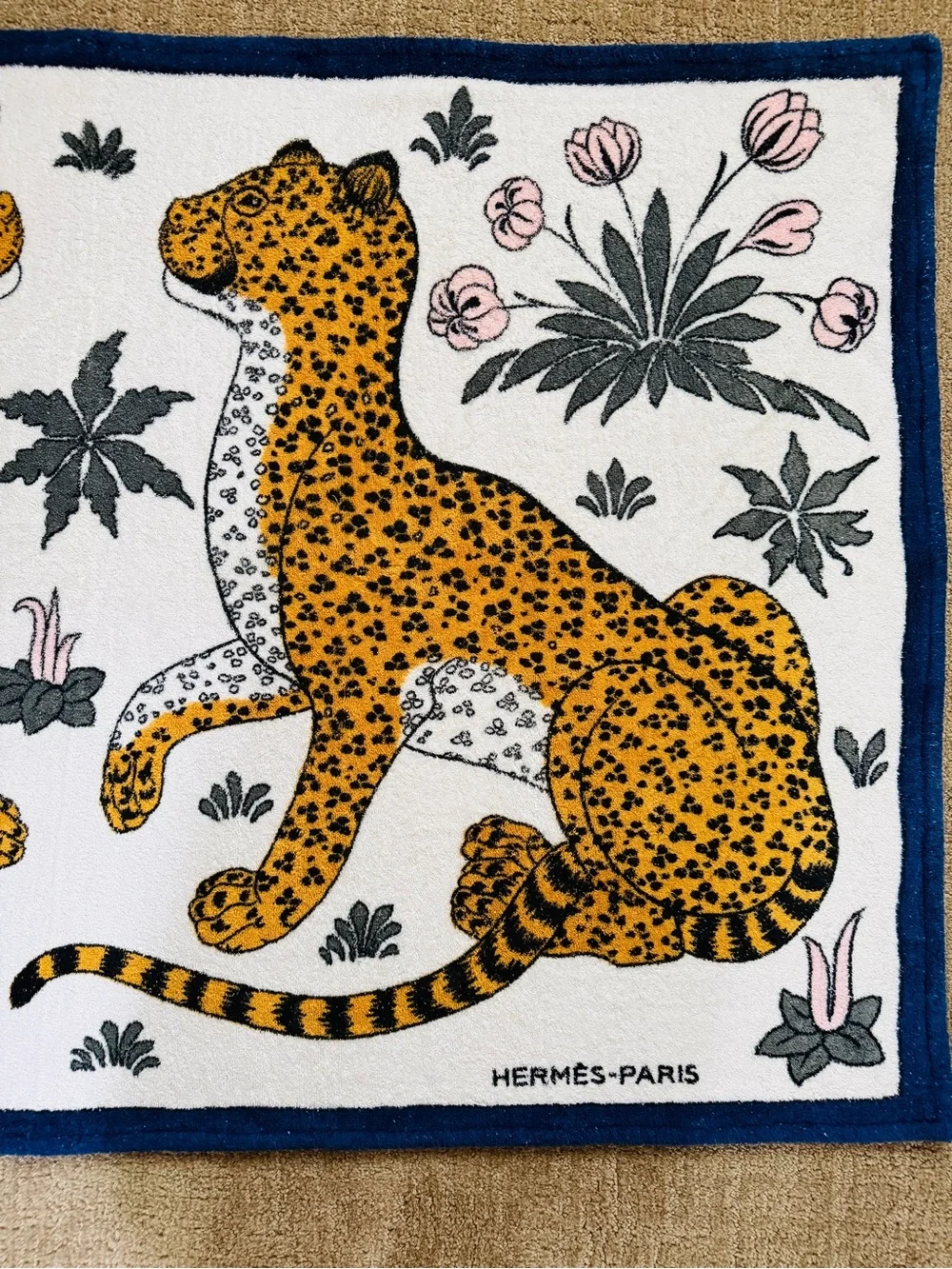 Vintage Hermes Les Leopards Cotton Terry Beach Towel Navy White GM Drap Plage
